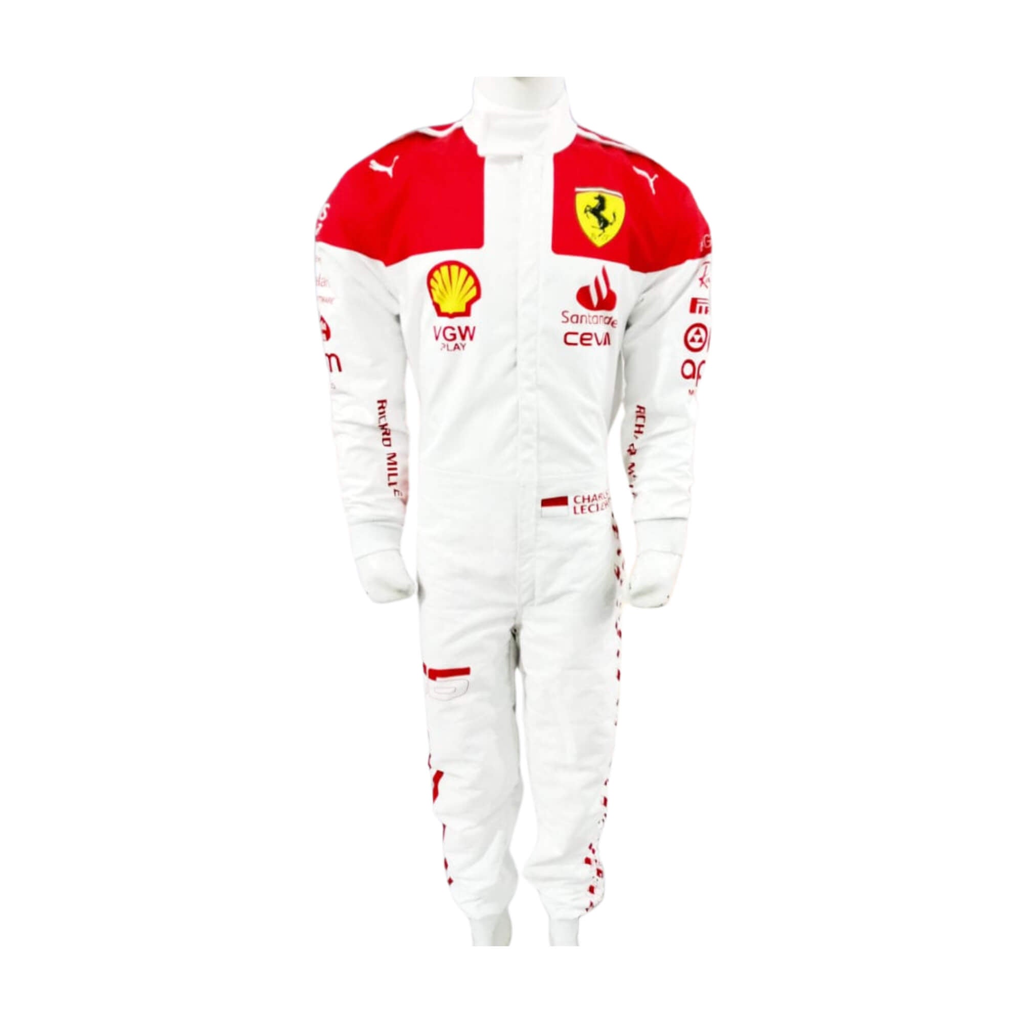 2023 Charles Leclerc Monaco GP F1 Racing Suit-Bestracewear, front view featuring a white base with red shoulders and cuffs, complemented by sponsor logos, showcasing a sleek and modern design.