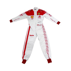 2023 Charles Leclerc Monaco GP F1 Racing Suit-Bestracewear, front view featuring a white base with red shoulders and cuffs, complemented by sponsor logos, showcasing a sleek and modern design.