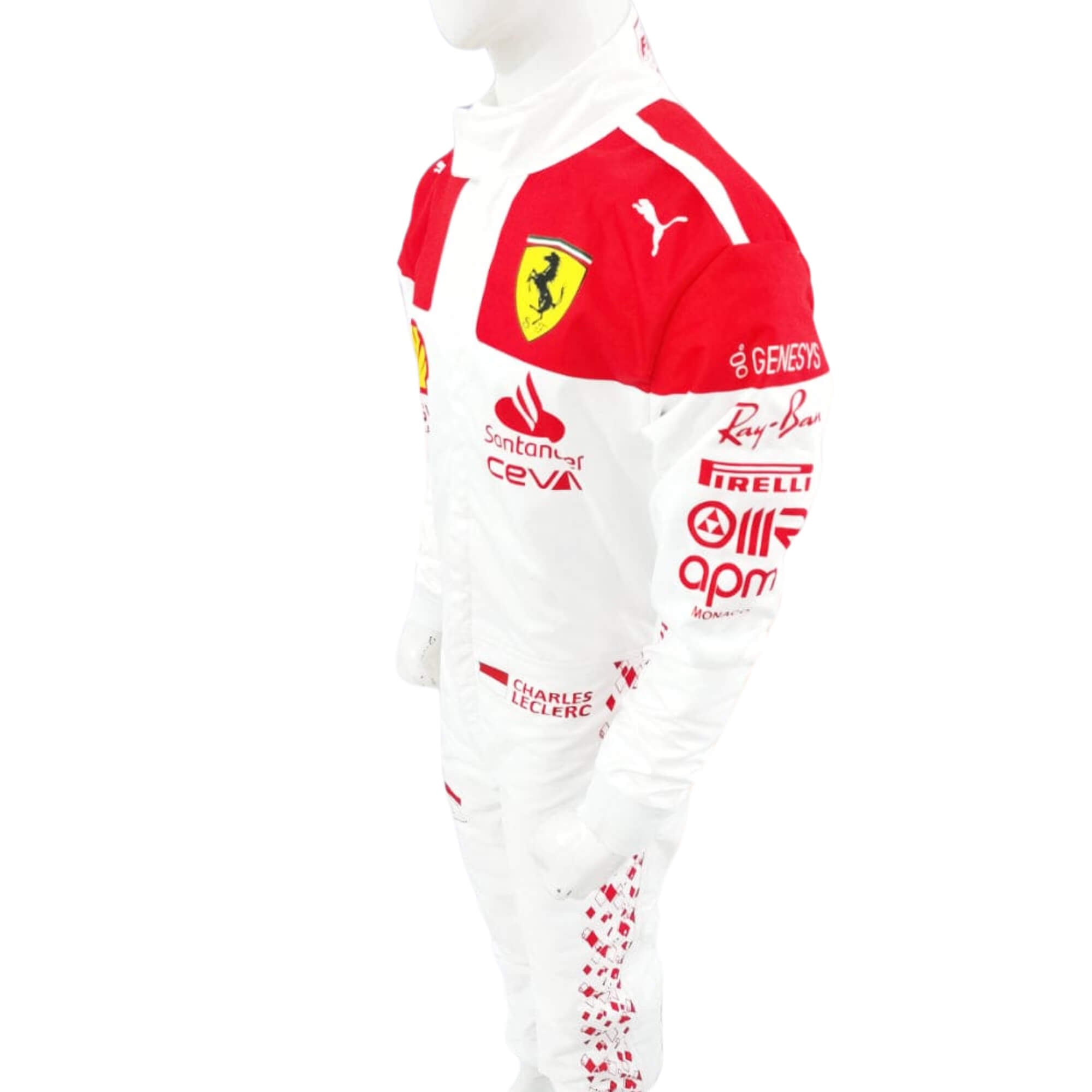 Side profile of2023 Charles Leclerc Monaco GP F1 Racing Suit-Bestracewear, highlighting the red side panels against the white base, with sponsor details on the arms and legs, emphasizing the suit's tailored fit.