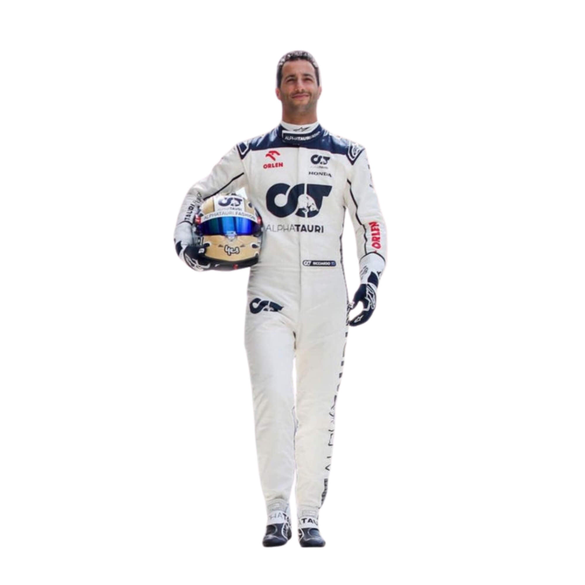 2023 Daniel Ricciardo F1 racing suit from Bestracewear , its front view featuring a white base with navy blue accents on the shoulders and sides, complemented by red sponsor logos, showcasing a sleek and modern design.