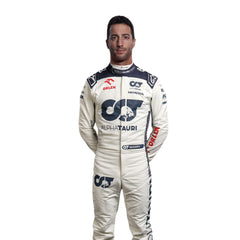 Close-up of 2023 Daniel Ricciardo F1 racing suit from Bestracewear its fabric texture and stitched sponsor logos, detailing the high-quality materials and the integration of the white, navy blue, and red color palette.