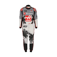 Front view of 2023 Miami GP F1 racing suit from Bestracewear inspired by Kevin Magnussen, in bright white with red and black detailing and a heat-ready aerodynamic fit