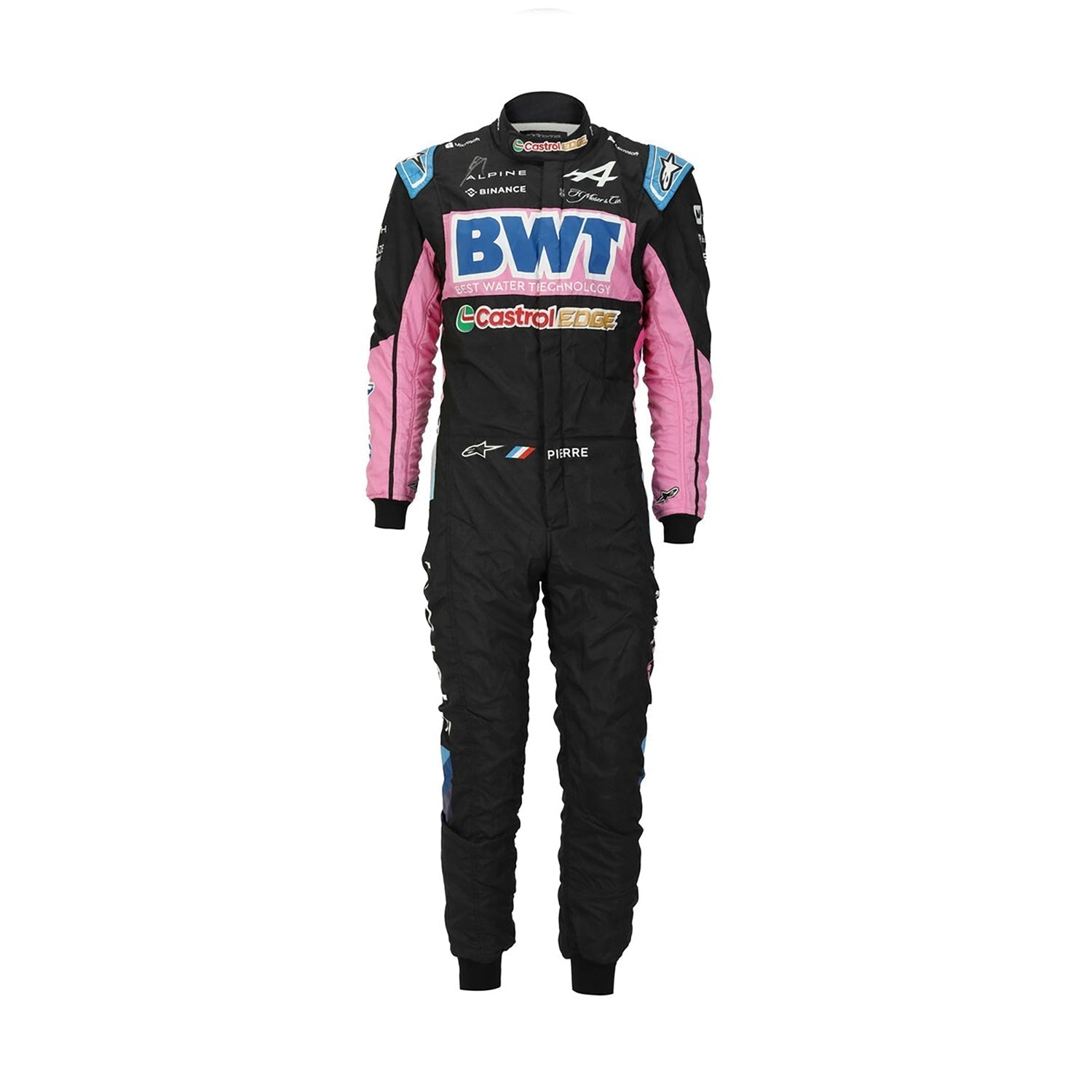 Pierre Gasly’s 2023 F1 racing suit for the Mexico GP, featuring a striking design with a mix of dark blue and vibrant sponsor logos. The suit is built for speed and comfort, showcasing Gasly’s racing excellence. Bestracewear