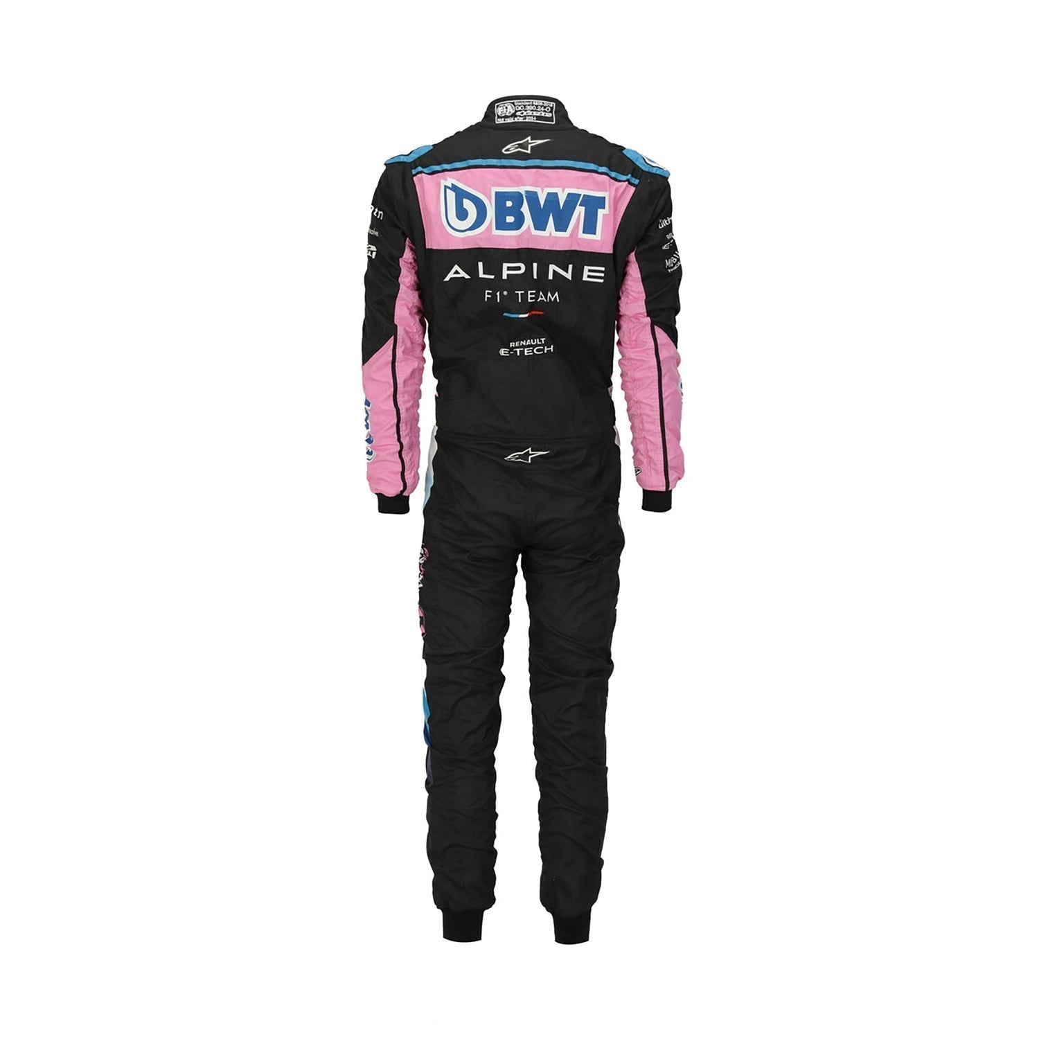 Rear view of Pierre Gasly’s 2023 F1 racing suit, emphasizing the intricate sponsor placements and back design that enhances comfort and agility for high-speed races.Bestracewear