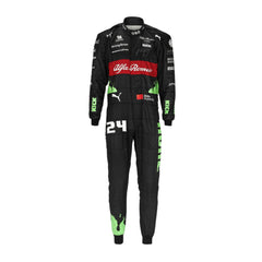 2023 Zhou Guanyu Belgian GP F1 Racing Suit from Bestracewear front view featuring a black base with red and bright green accents on the shoulders and sides, complemented by sponsor logos, showcasing a sleek and modern design.