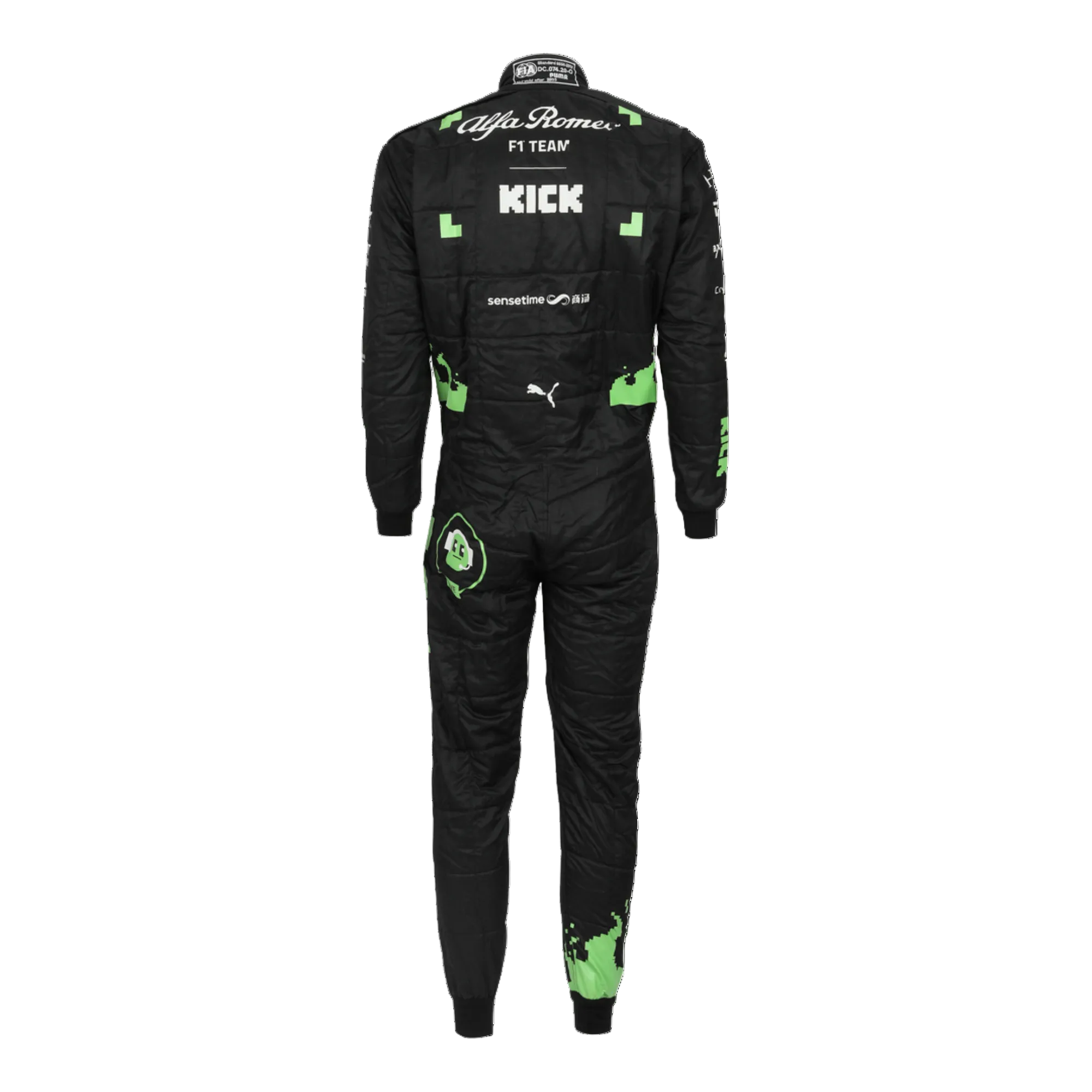 Rear view of 2023 Zhou Guanyu Belgian GP F1 Racing Suit-Bestracewear displaying the continuation of the black, red, and bright green color scheme with prominently placed sponsor logos and aerodynamic paneling.