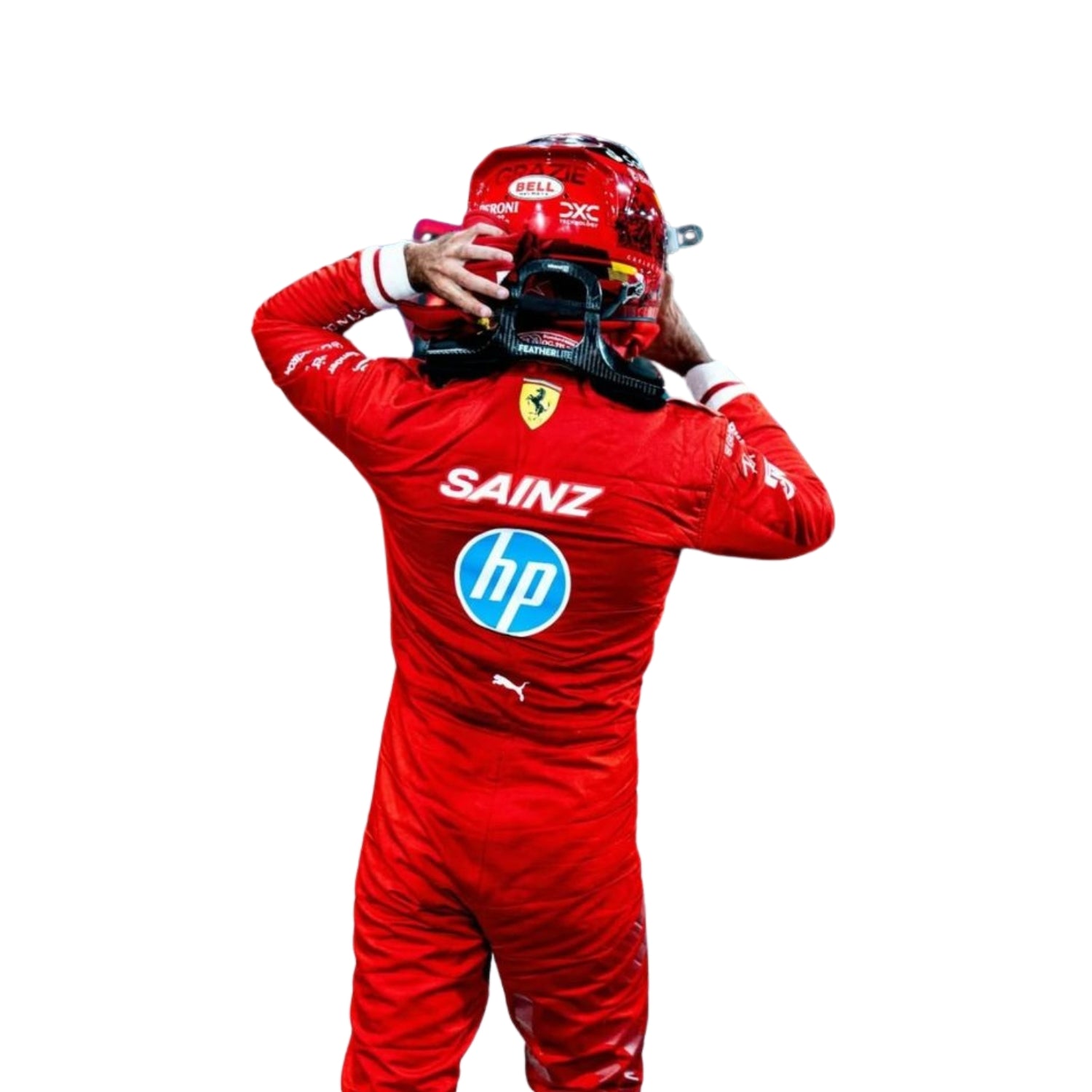 Back view in 2024 Carlos Sainz Jr Monaco GP HP F1 Racing Suit - Bestracewear, showing elasticated cuffs at wrists and ankles, reinforced seams, and a full-length zip extending from neck to waist for quick changes.