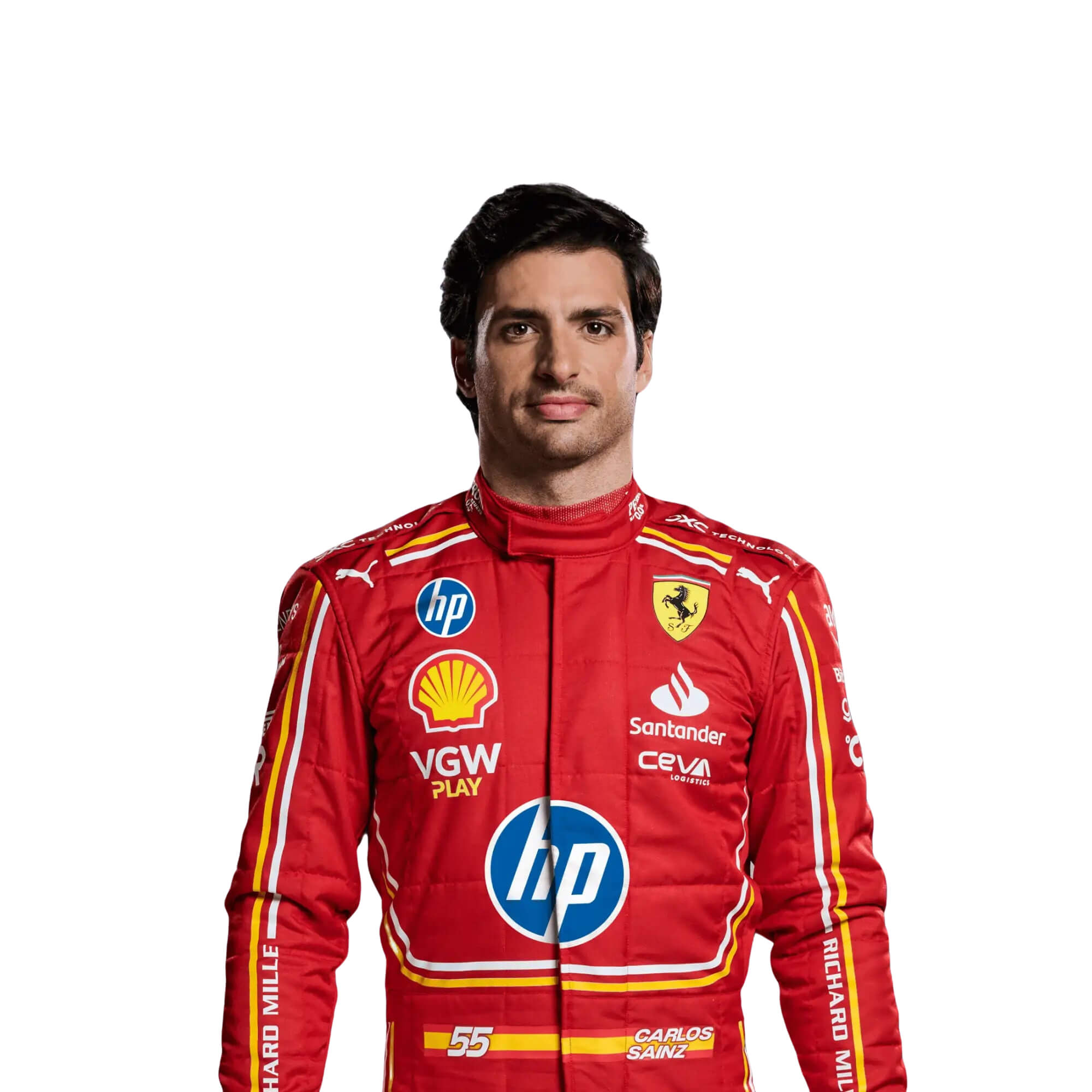 Close‑up front half view of the red 2024 Carlos Sainz Jr Monaco GP HP F1 Racing Suit from bestracewear Cordura 600D outer layer with fine, moisture‑wicking cotton‑towel interior visible at the collar, showing premium stitching and fabric texture.