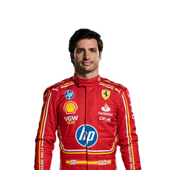 Close‑up front half view of the red 2024 Carlos Sainz Jr Monaco GP HP F1 Racing Suit from bestracewear Cordura 600D outer layer with fine, moisture‑wicking cotton‑towel interior visible at the collar, showing premium stitching and fabric texture.