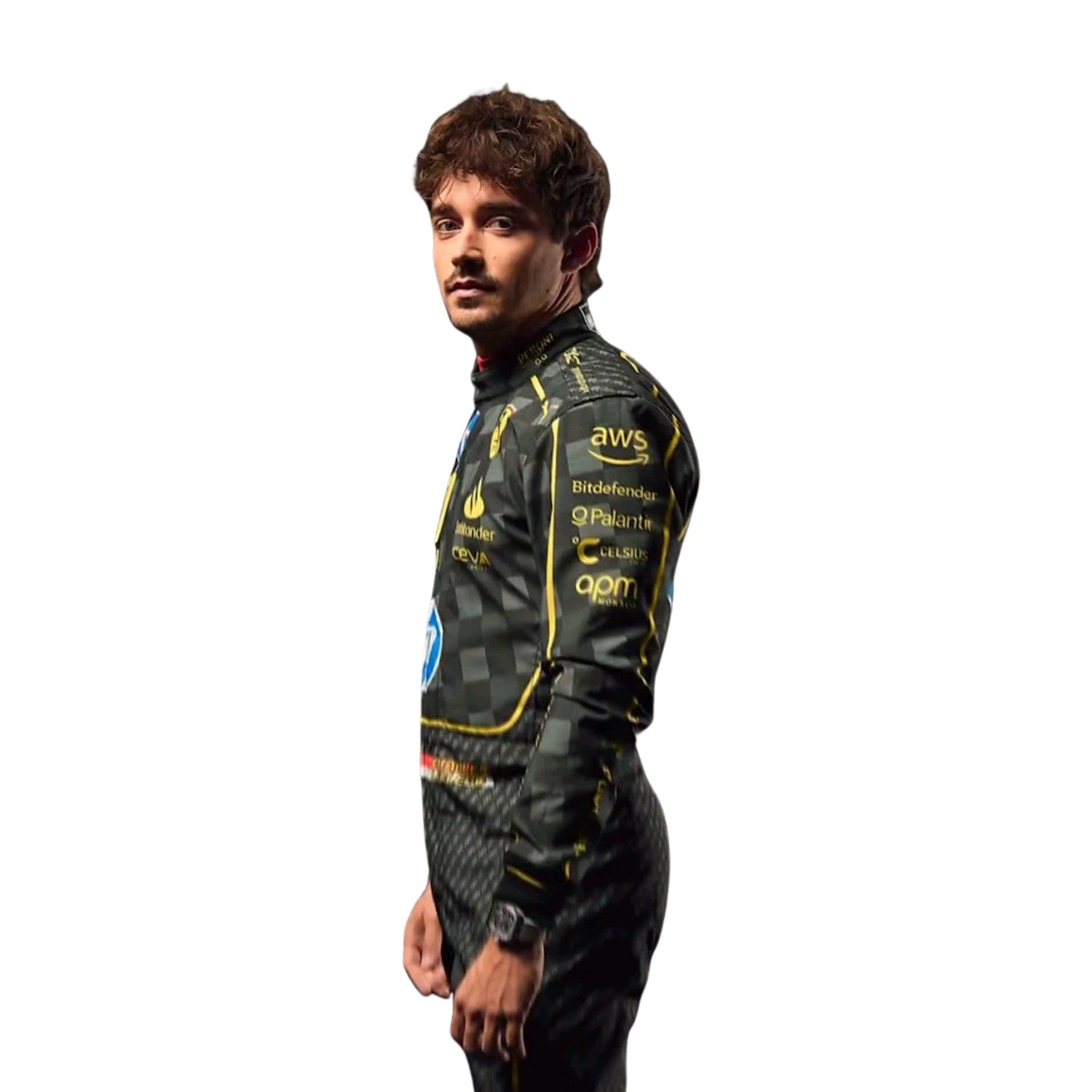 Right Side profile of 2024 Charles Leclerc Italy GP F1 racing suit from Bestracewear, highlighting the black fabric with Modena yellow stripes along the sides.