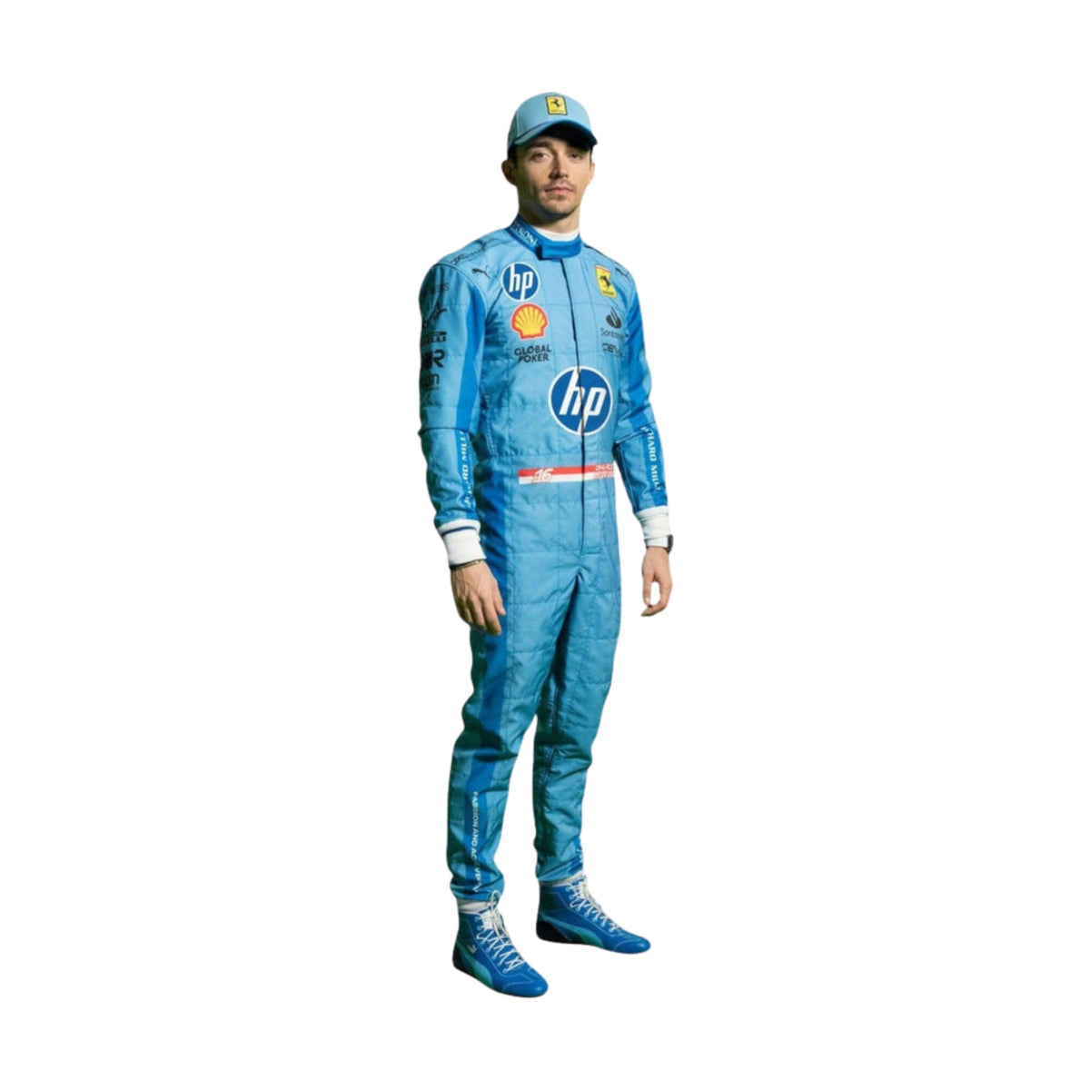 Full-body image of 2024 Charles Leclerc miami GP F1 racing suit from Bestracewear, designed in blue with yellow accents for a high-performance look.