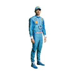 Full-body image of 2024 Charles Leclerc miami GP F1 racing suit from Bestracewear, designed in blue with yellow accents for a high-performance look.