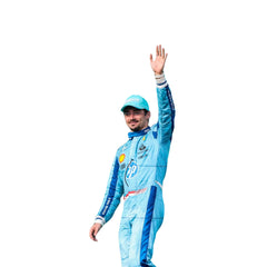 Close-up of 2024 Charles Leclerc miami GP F1 racing suit from Bestracewear, displaying the intricate blue material with yellow stitching and sponsor logos.