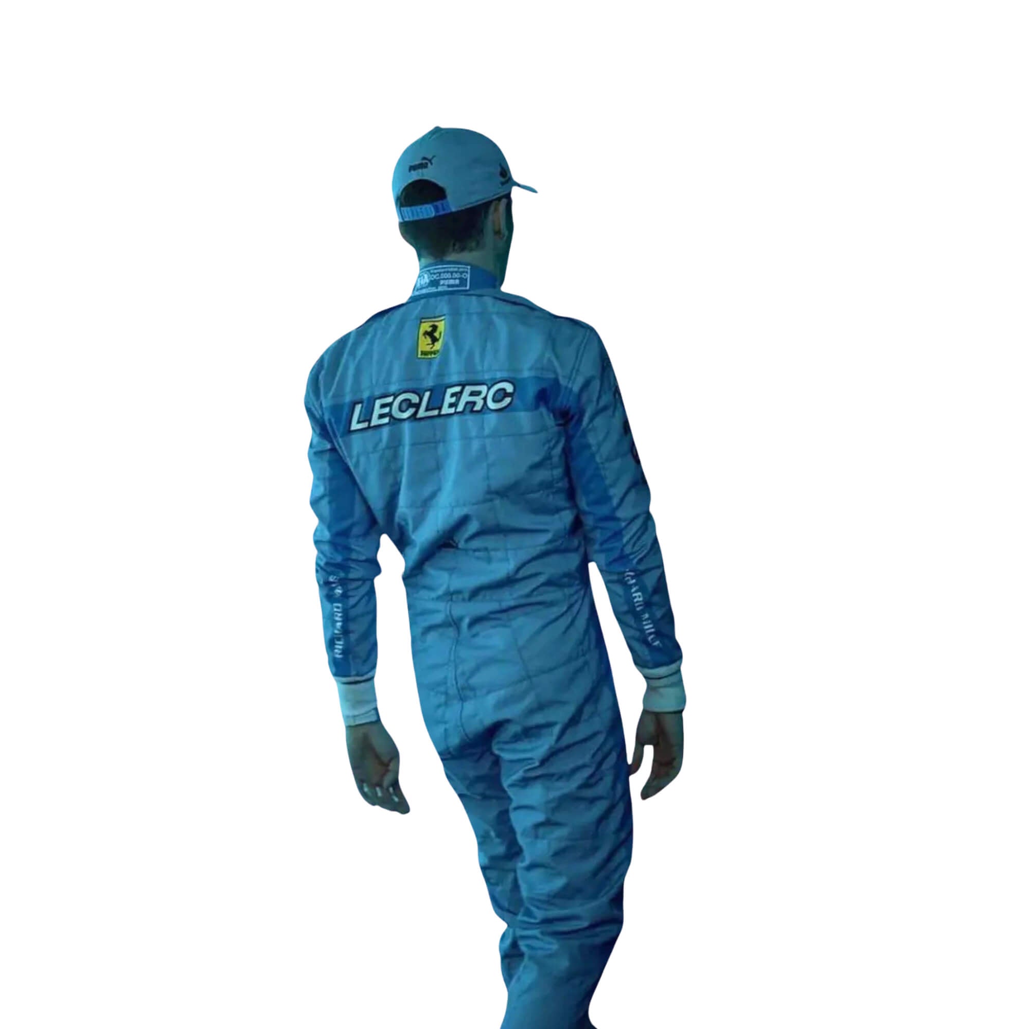 Rear view of 2024 Charles Leclerc miami GP F1 racing suit from Bestracewear featuring a blue base with yellow detailing along with prominent sponsor logos.