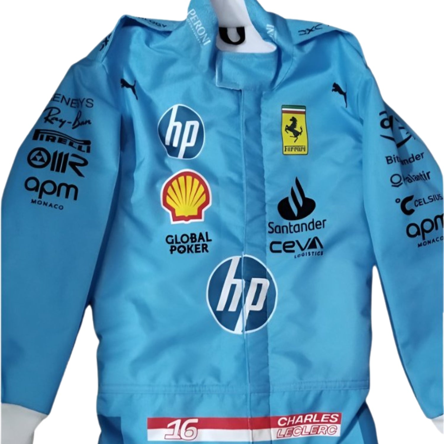 Close-up of 2024 Charles Leclerc miami GP F1 racing suit from Bestracewear, displaying the intricate blue material with yellow stitching and sponsor logos.