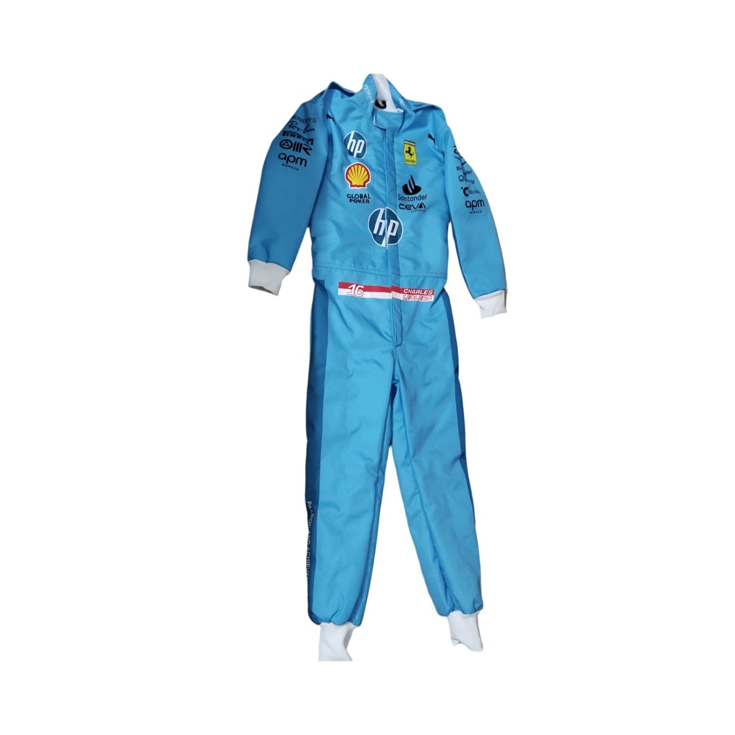 Front view of2024 Charles Leclerc miami GP F1 racing suit from Bestracewear in blue with yellow accents, showcasing a modern design with sponsor logos.