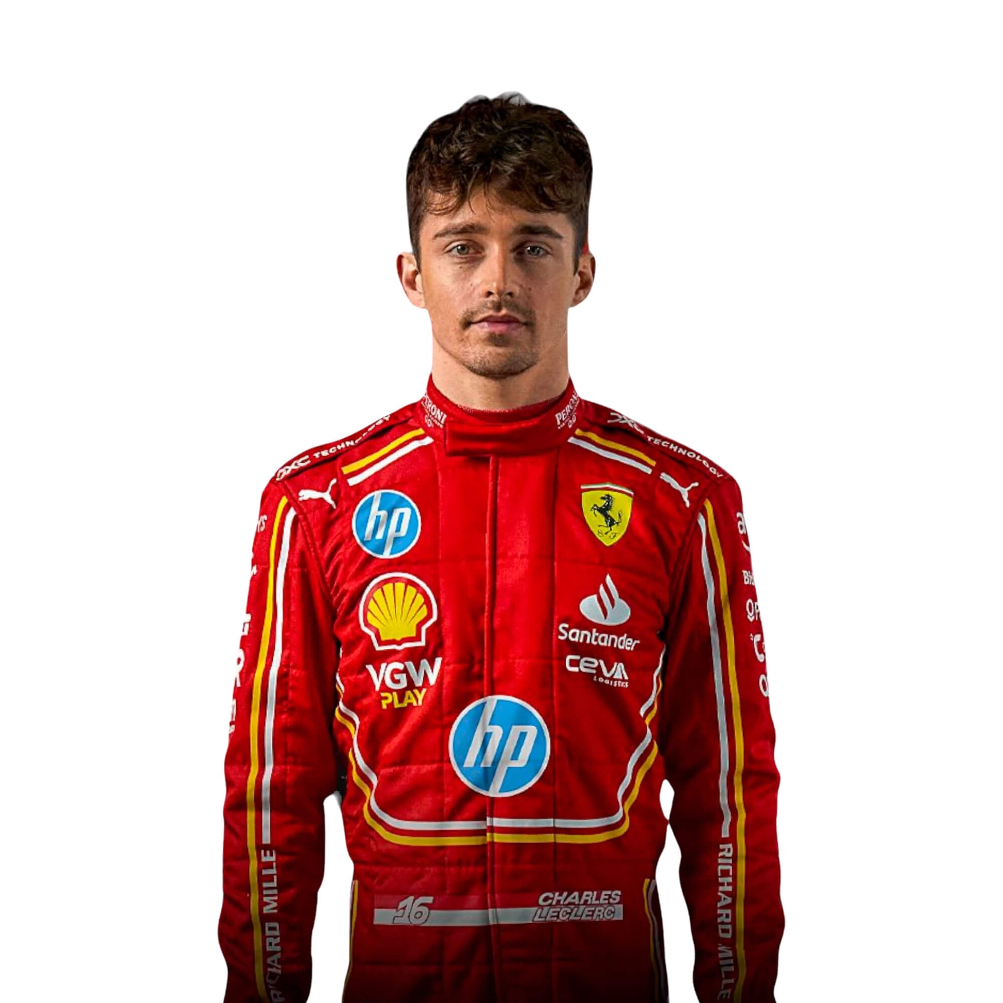 Close-up of 2024 Charles Leclerc monaco GP F1 racing suit from Bestracewear, displaying the intricate red material with yellow stitching and sponsor logos.