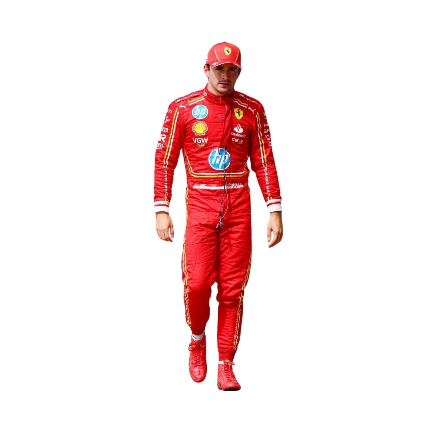 Front view of 2024 Charles Leclerc monaco GP F1 racing suit from Bestracewear in red with yellow accents, showcasing a vibrant design with sponsor logos.