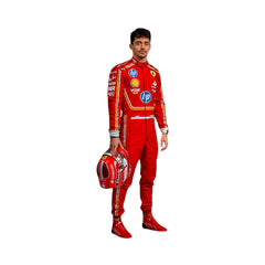 Front view of 2024 Charles Leclerc monaco GP F1 racing suit from Bestracewear in red with yellow accents, showcasing a vibrant design with sponsor logos.