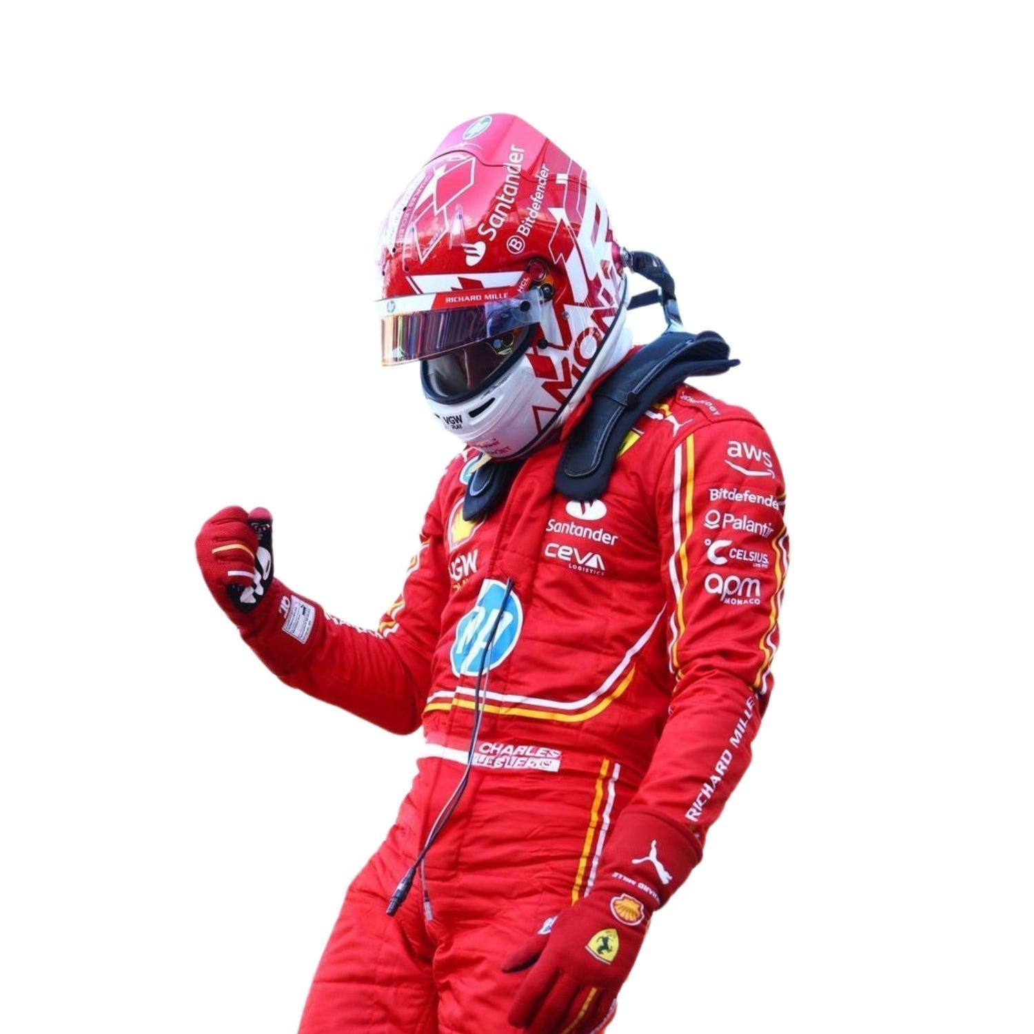 Close-up of 2024 Charles Leclerc monaco GP F1 racing suit from Bestracewear, displaying the intricate red material with yellow stitching and sponsor logos.