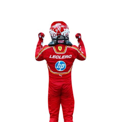 Rear view of 2024 Charles Leclerc monaco GP F1 racing suit from Bestracewear, featuring a red base with yellow detailing along with prominent sponsor logos.