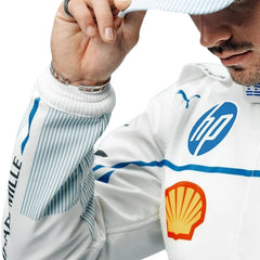 Detailed close-up of the 2025-Charles-Leclerc-Monaco-GP-F1-Racing-Suit showing Charles Leclerc's name, precision-stitched logos, and white and blue detail design_Bestracewear