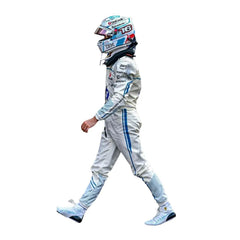 Side profile of Leclerc's 2025 Monaco Grand Prix F1 Racing suit highlighting ergonomic fit, blue accent lines, and breathable mesh fabric for optimized airflow_Bestracewear