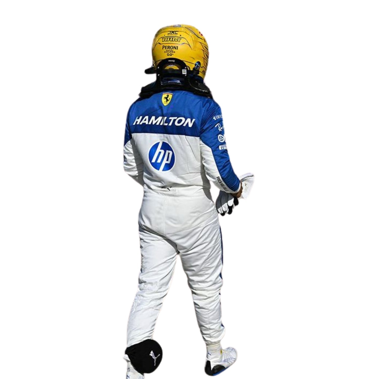 Rear view of LewisHamilton2025MiamiGPF1RacingSuit_Bestracewear featuring form-fitted tailoring, palm-themed graphics, and team branding near the lower back and collar.