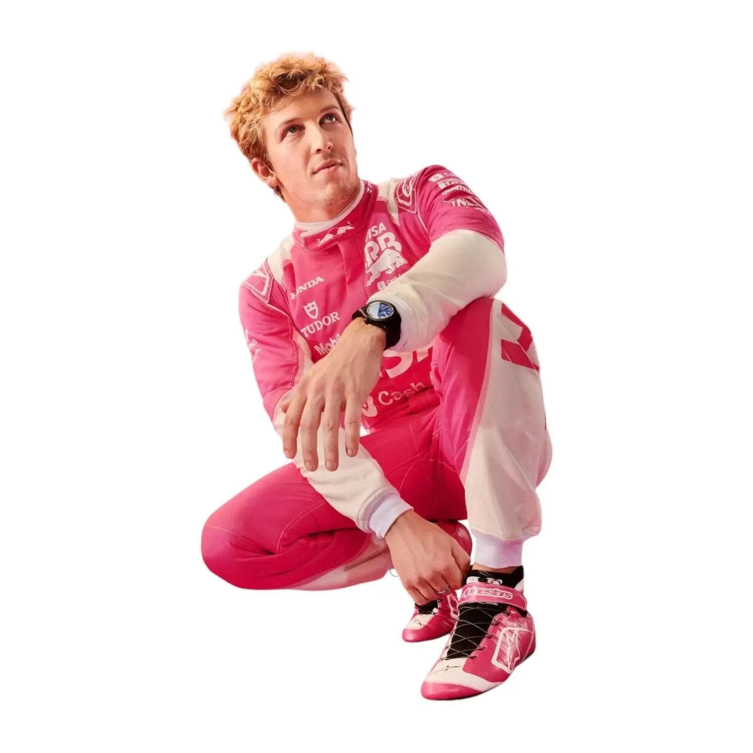 Bestracewear Liam Lawson in the 2025 Miami GP F1 race suit, showcasing a dynamic blend of white and pink colors with modern panel styling.