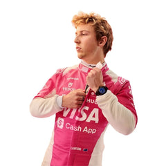 Side profile of Liam Lawson wearing his Miami GP suit, showing streamlined contours and performance-driven design in Bestracewear.
