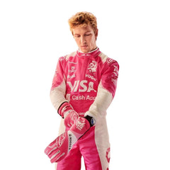 Bestracewear Liam Lawson fully geared up in his 2025 Miami Grand Prix suit with helmet, styled in white and pink for a sharp racing look.