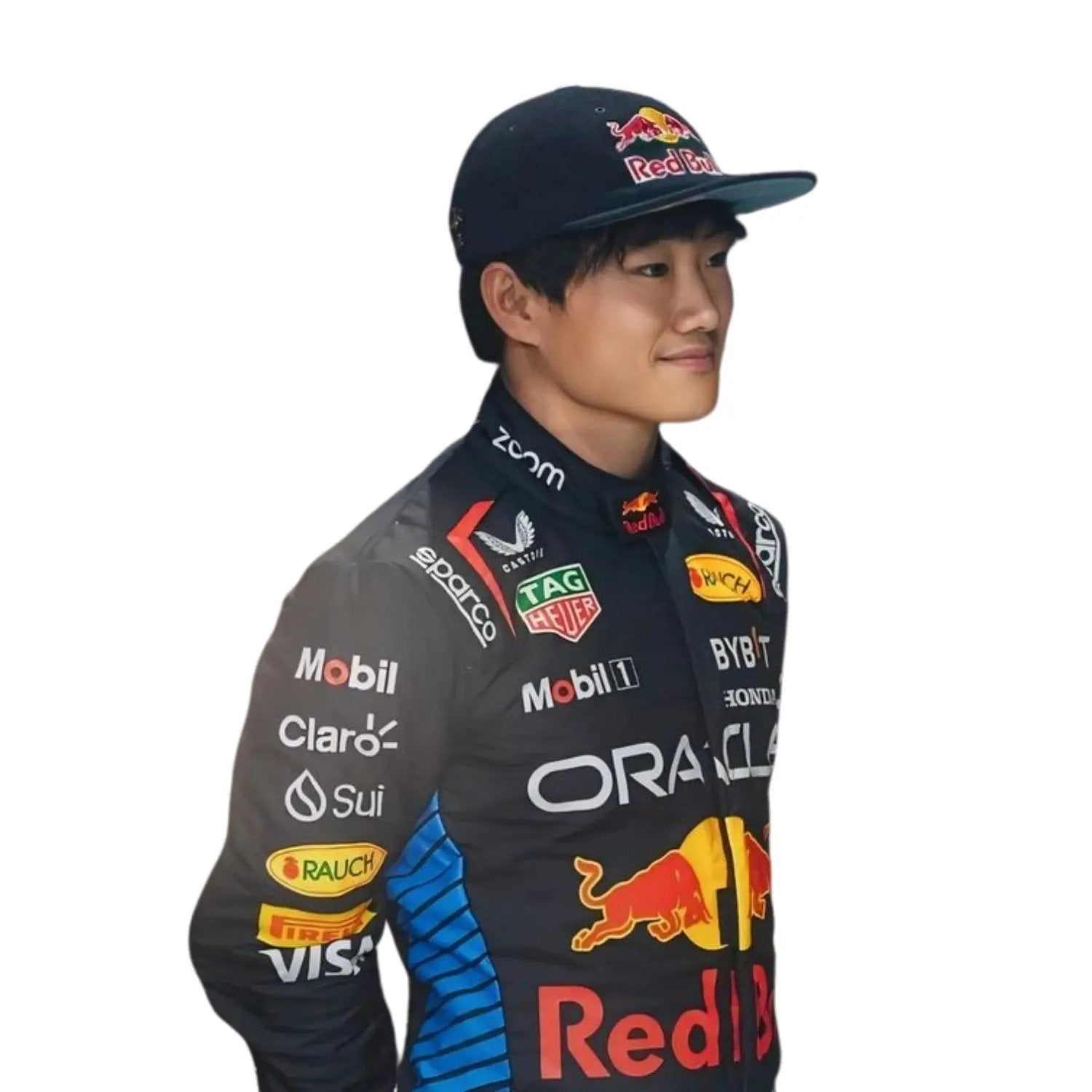 Right Close-up of 2025 Yuki Tsunoda's Abu Dhabi GP Racing Suit, displaying intricate design elements inspired by Japanese heritage. BestRaceWear