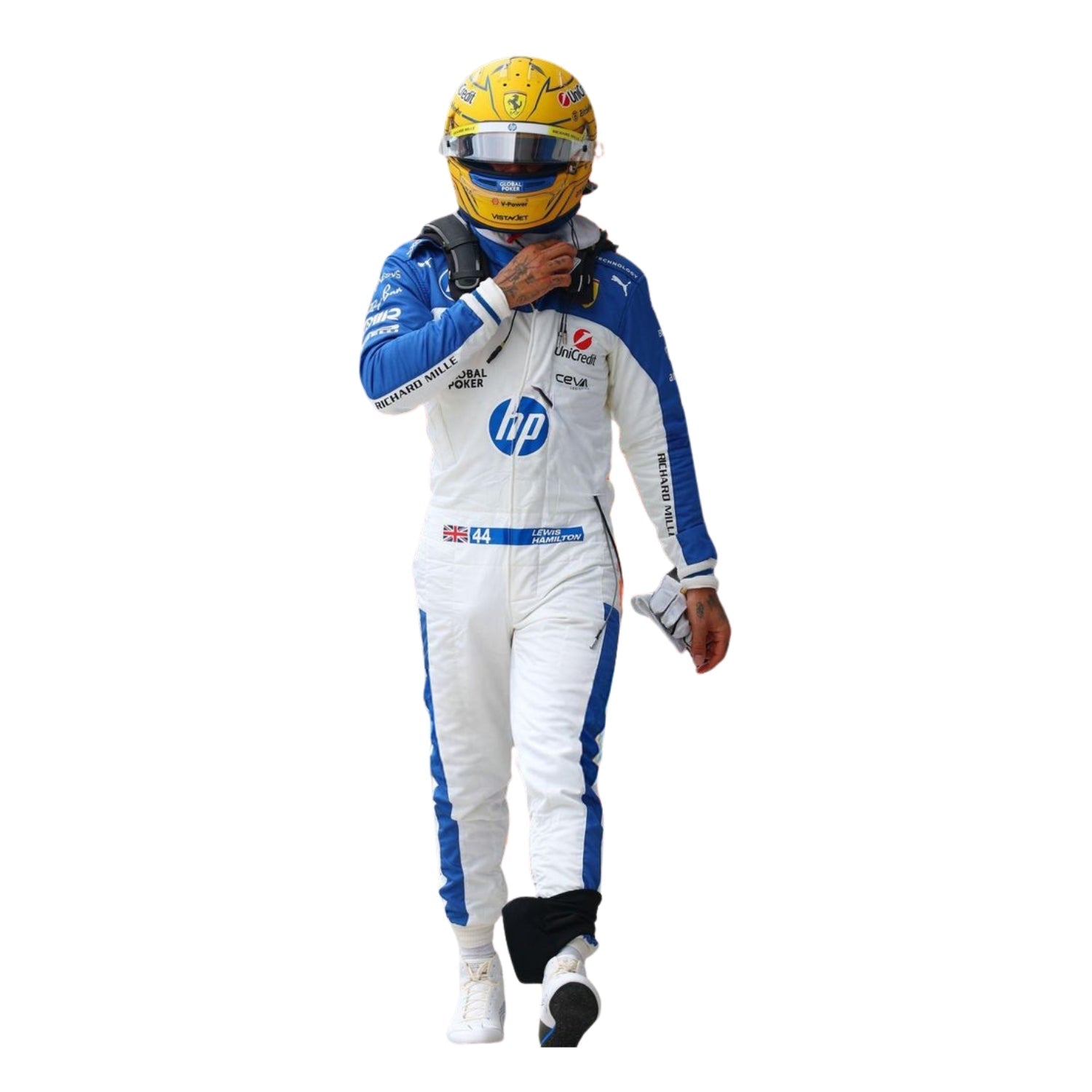 Front view of the 2025 F1 racing suits worn by Lewis Hamilton at the Miami GP, showcasing sleek aerodynamic design with tropical-inspired detailing and precision sponsor placement-Bestracewear