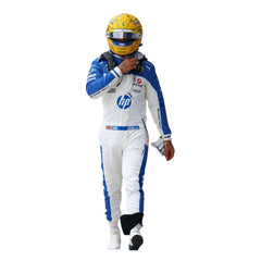 Front view of the 2025 F1 racing suits worn by Lewis Hamilton at the Miami GP, showcasing sleek aerodynamic design with tropical-inspired detailing and precision sponsor placement-Bestracewear