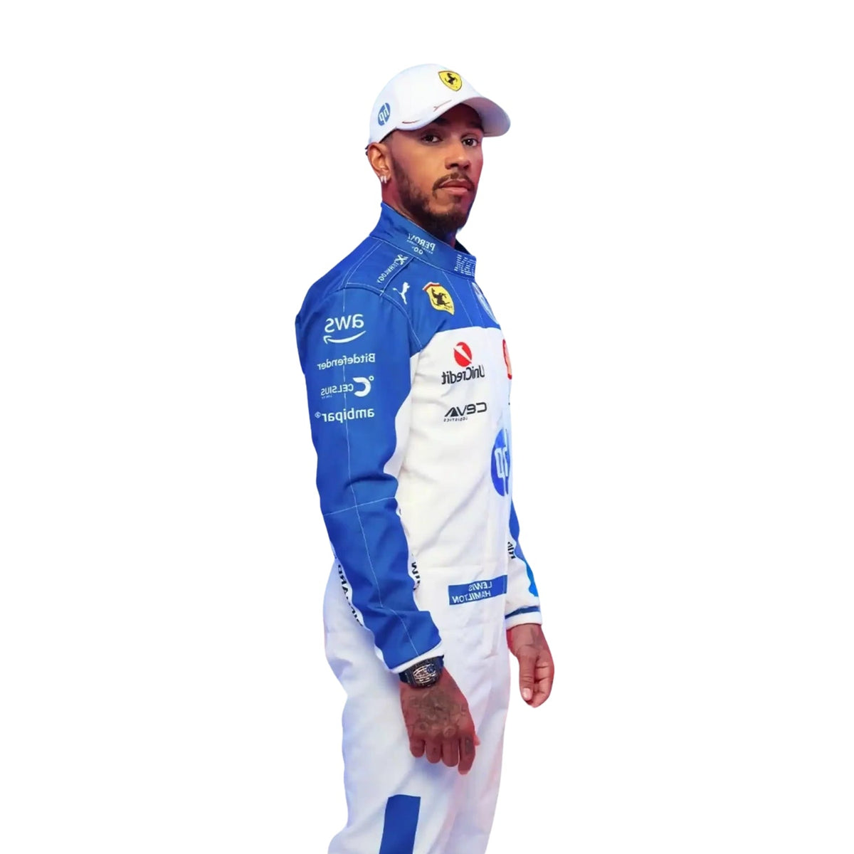 Side Profile of the 2025 F1 racing suits worn by Lewis Hamilton at the Miami GP, showcasing sleek aerodynamic design with tropical-inspired detailing and precision sponsor placement-Bestracewear