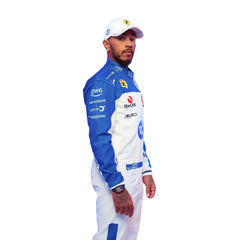 Side Profile of the 2025 F1 racing suits worn by Lewis Hamilton at the Miami GP, showcasing sleek aerodynamic design with tropical-inspired detailing and precision sponsor placement-Bestracewear