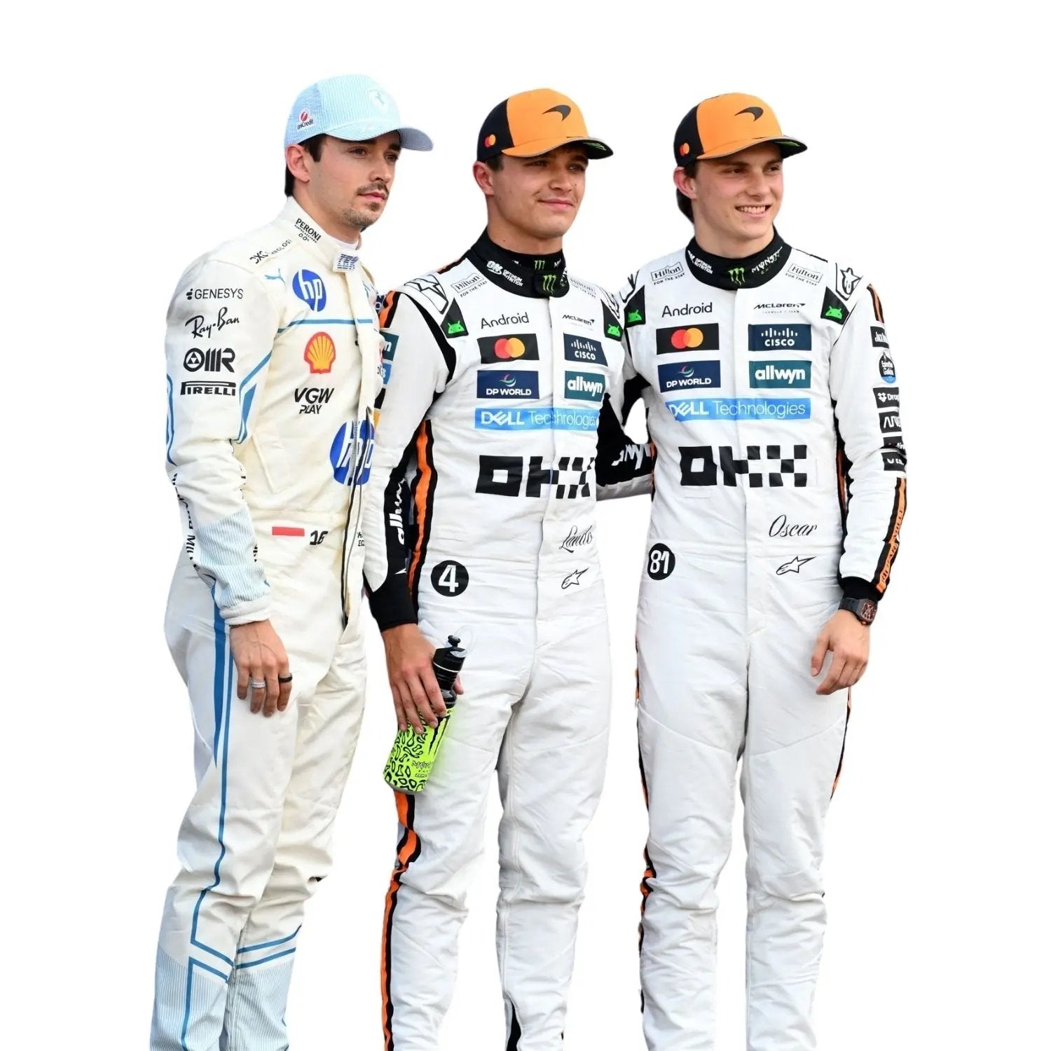 Front view of Charles Leclerc's , Lando Norris and Oscar Piastri 2025 Monaco GP F1 racing suit, designed with a bold red and gold theme, featuring aerodynamic seams, Monaco flag patch, and sponsor placements. Bestracewear
