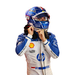 Detailed close-up of the Miami GP 2025 racing suit materials, including high-contrast stitching, driver name embroidery, and premium patches tailored for Leclerc.Bestracewear