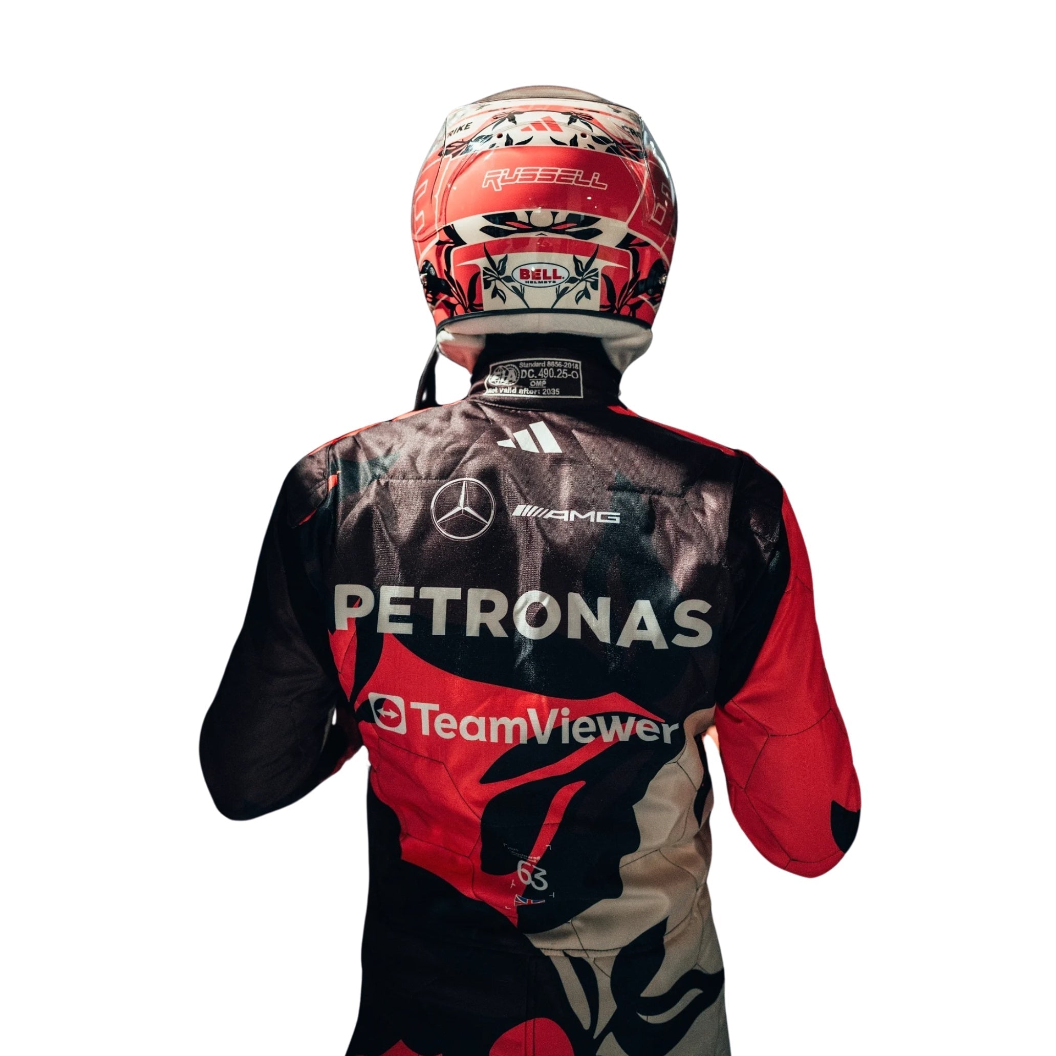 Rear view showcasing the fitted design of the 2025 George Russell  F1 Racing Suit- Bestracewear  with bold number placement and airflow-enhancing panels.