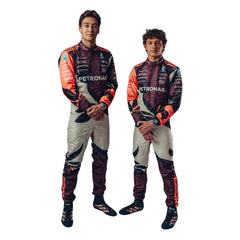 Front view of 2025 George Russell &amp; Kimi Antonelli F1 Racing Suit featuring modern aerodynamic tailoring, tropical-inspired graphics, and race-ready detailing -Bestracewear