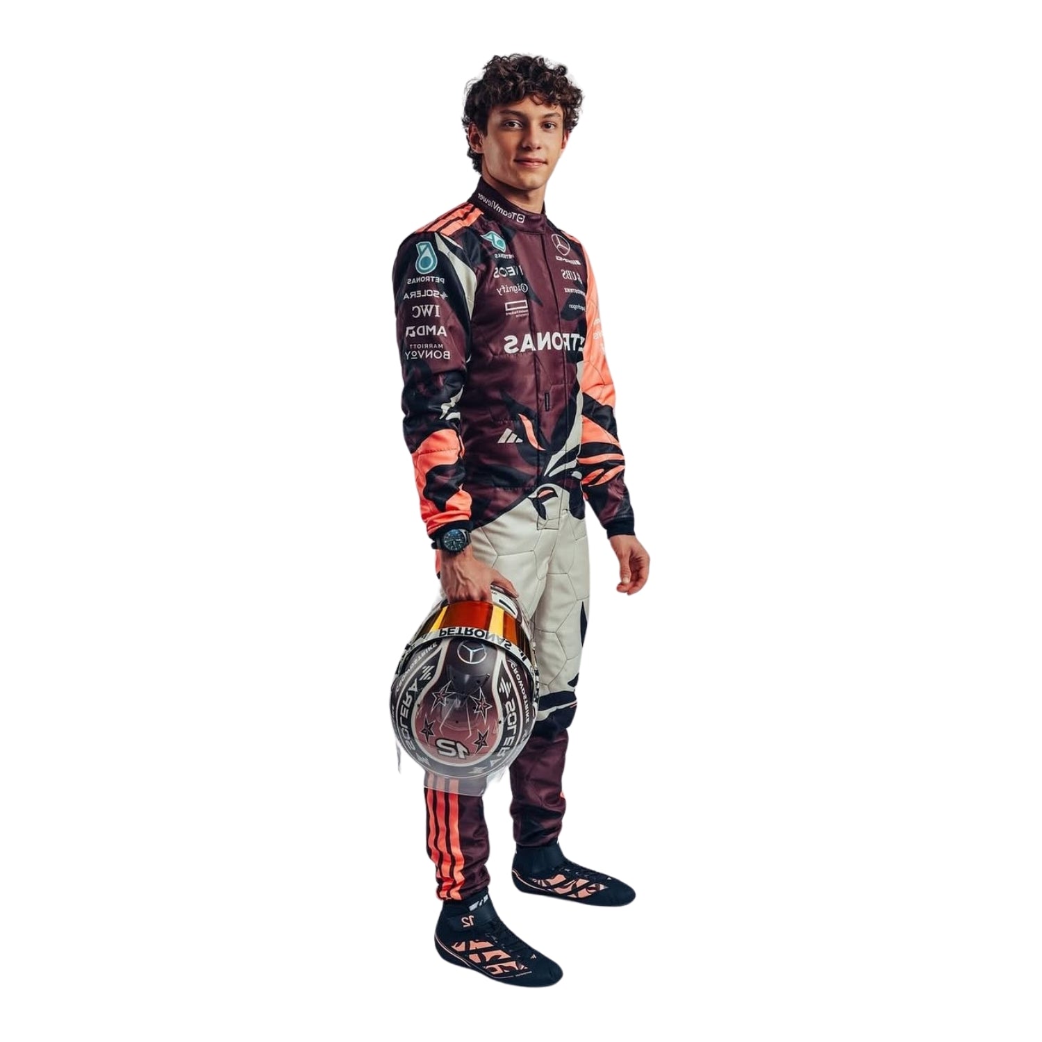 Side profile of 2025 Kimi Antonelli F1 Racing Suit from  Bestracewear highlighting driver-specific accents, dynamic side striping, and sleek ergonomic shaping for high-speed performance.