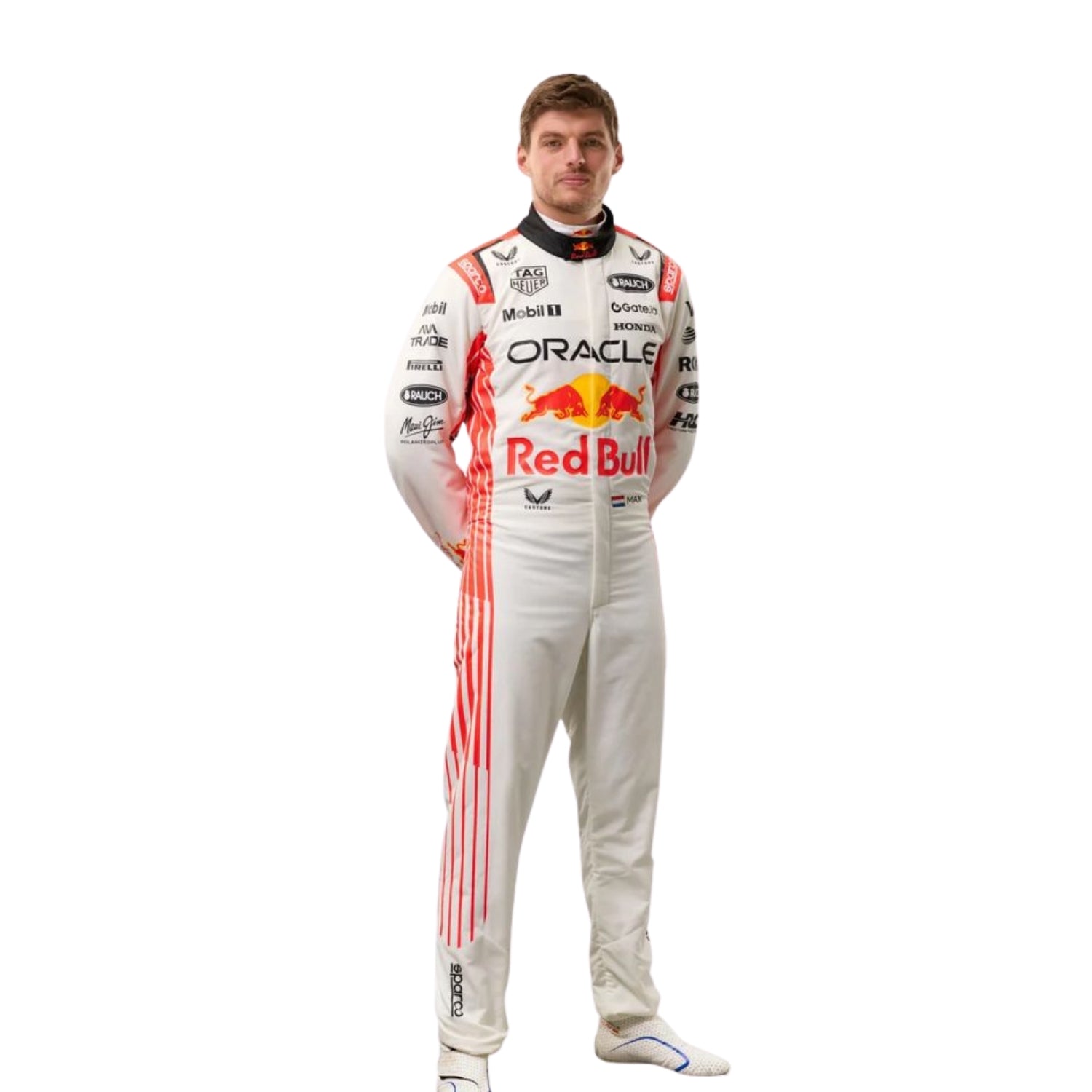 Left Side profile of Max Verstappen's 2025 race suit, highlighting the ergonomic fit and unique design elements-Bestracewear