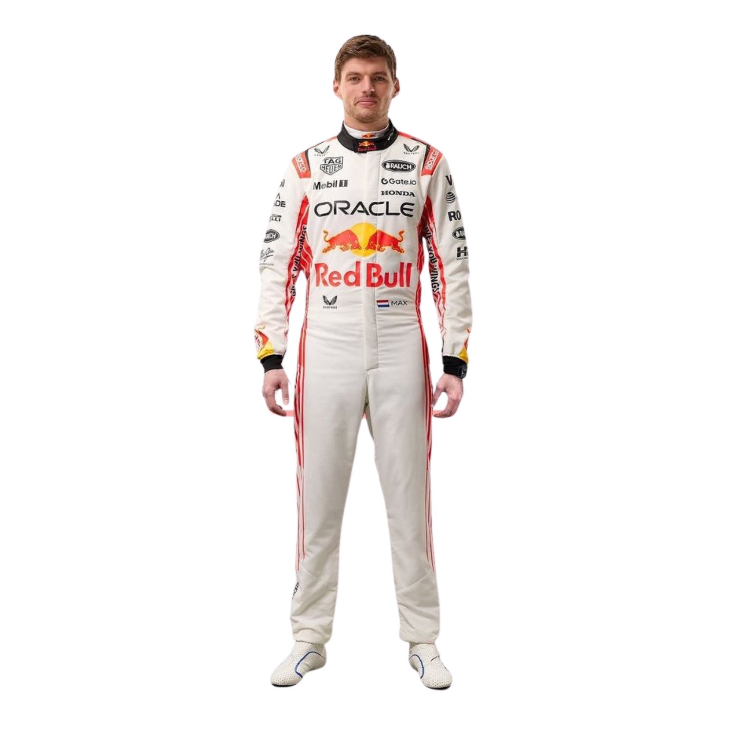 Max Verstappen's 2025 Japanese Grand Prix f1 race suit front view, featuring a predominantly white design with red accents inspired by Japanese culture.Bestracewear