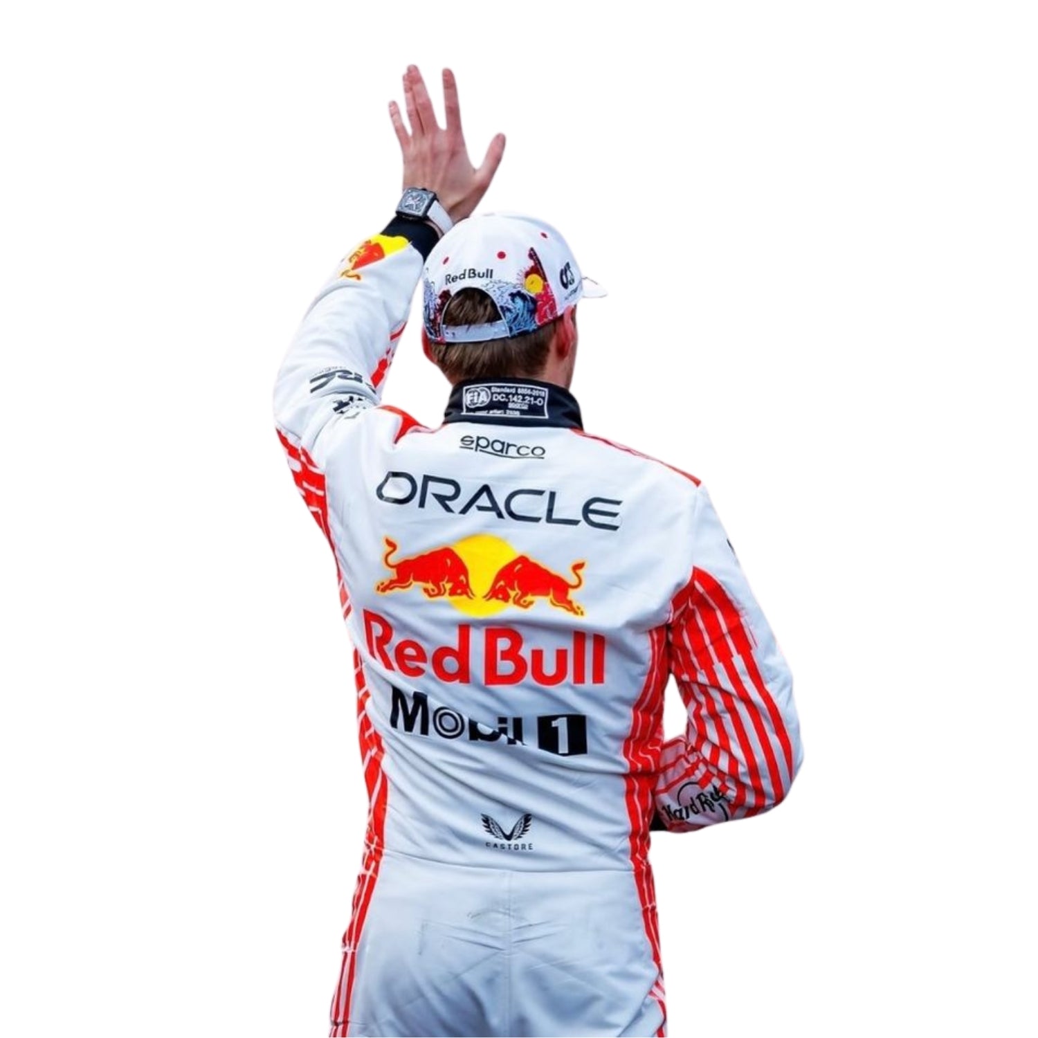 Rear view of Max Verstappen's 2025 Japanese GP race suit, showcasing personalized elements and intricate detailing_ Bestracewear