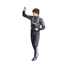 Side profile of Andrea Kimi Antonelli in his 2025 Formula 1 racing suit, displaying the ergonomic fit and the interplay of black and neon green fabrics, enhanced by subtle detailing along the side seams.