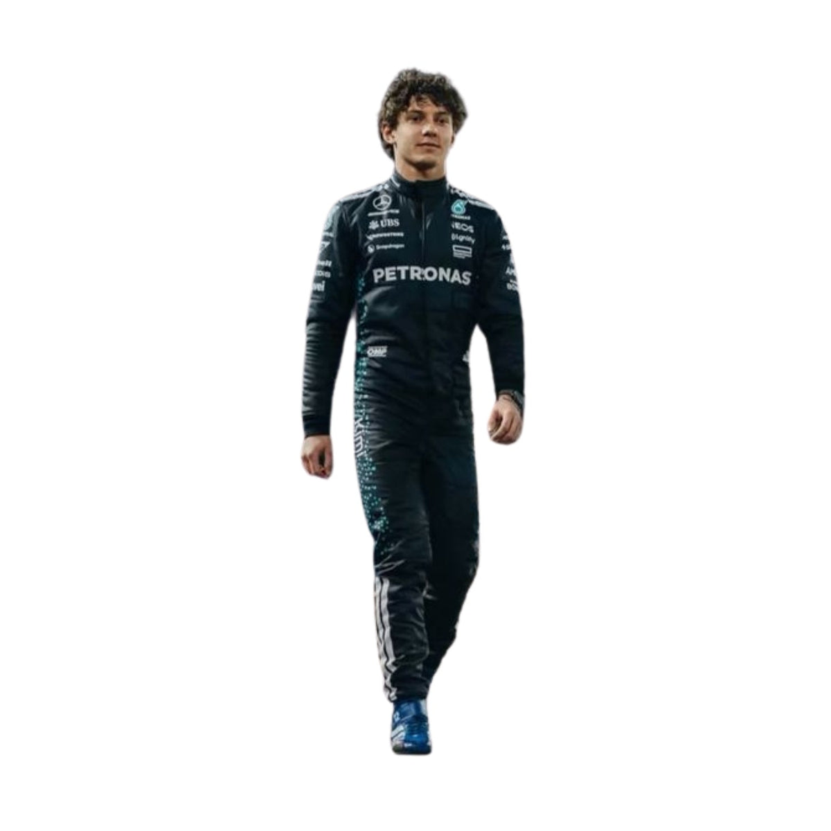 Andrea Kimi Antonelli standing confidently in his 2025  f1 racing suit, front view showcasing a sleek black design with subtle neon green accents, featuring his race number 12 prominently displayed.