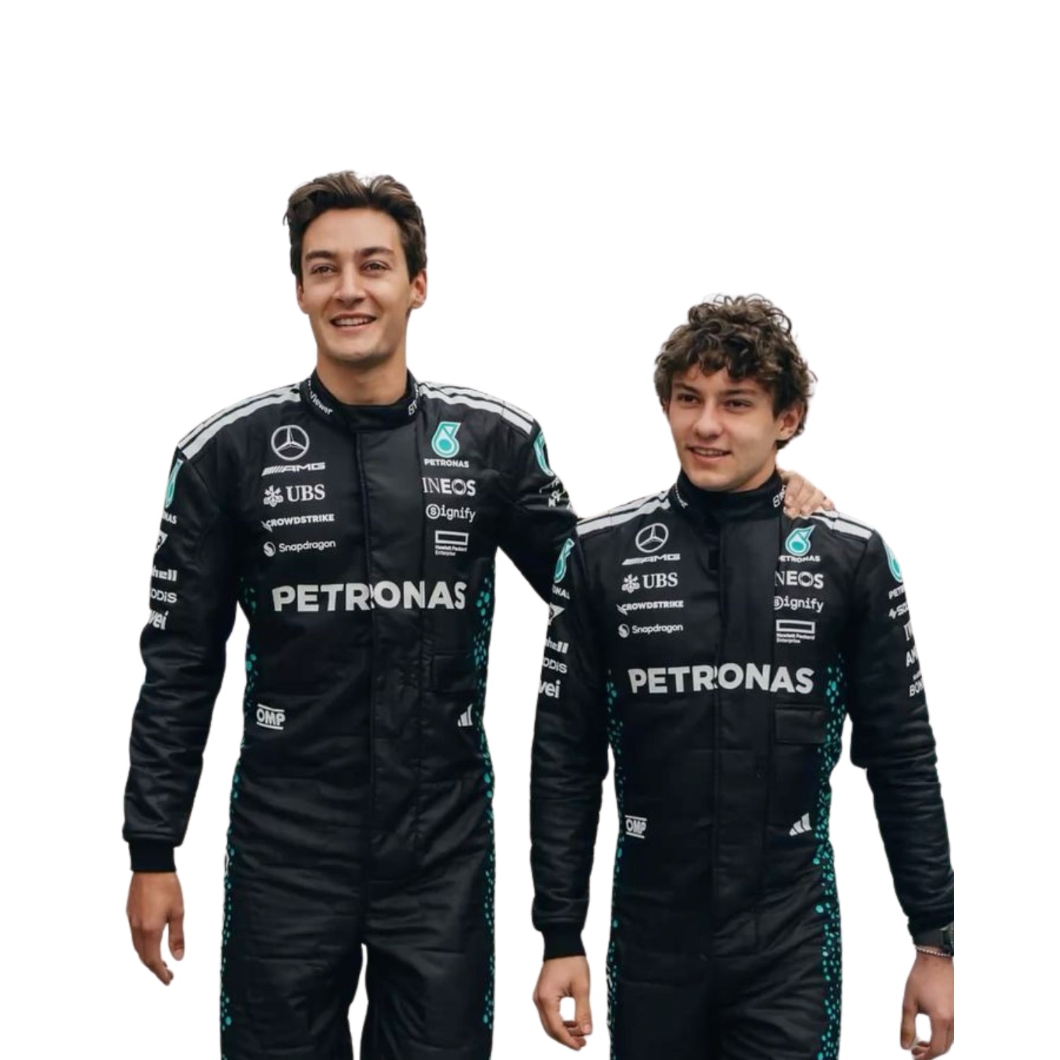 Andrea Kimi Antonelli and George Russell captured mid-action wearing his 2025 Formula 1 racing suit, the dynamic black and neon green colors accentuating the movement and modern design of the suit.