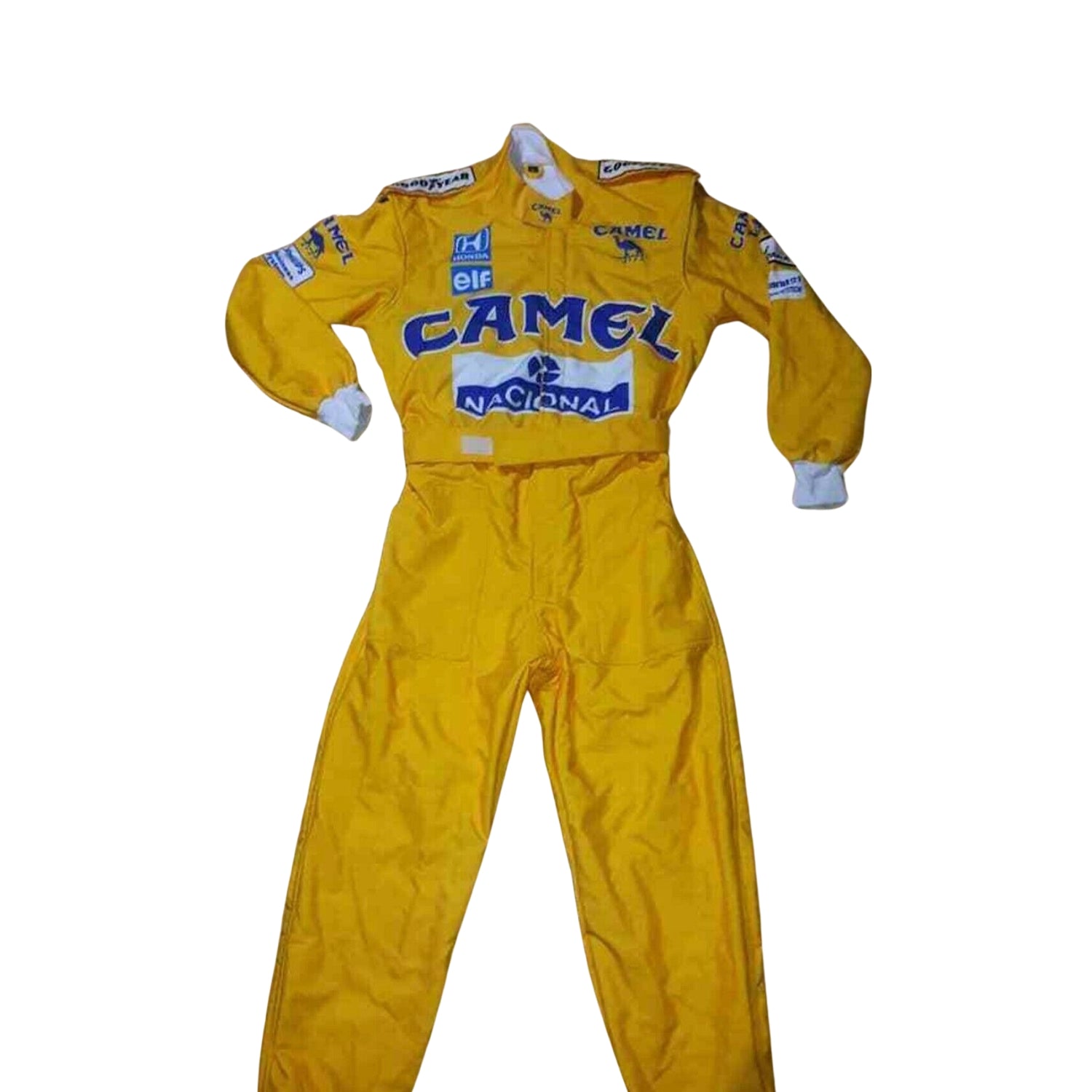 Front view of Ayrton Senna's 1987 F1 racing suit in bold yellow with green and blue accents, reflecting his Brazilian pride and dynamic racing style.Bestracewear