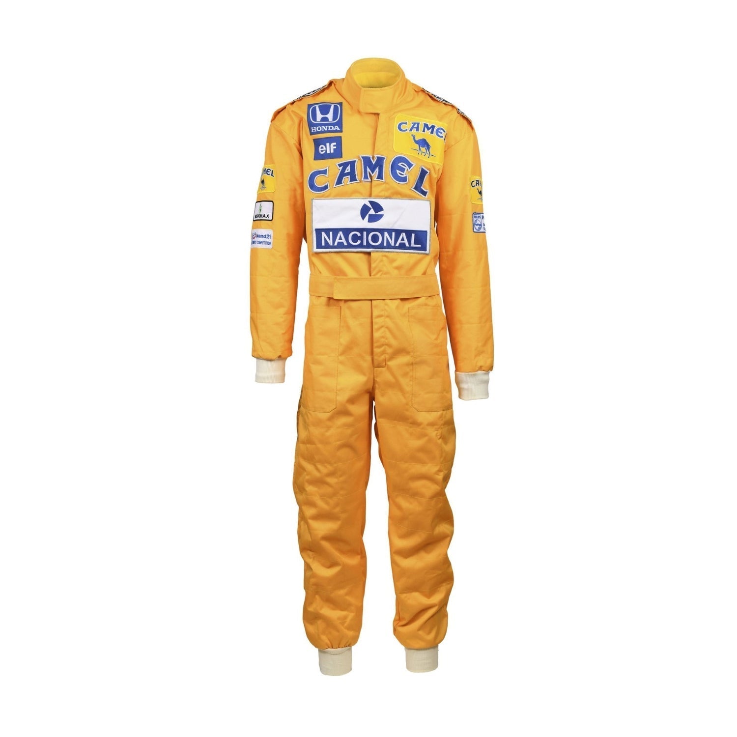 Front view of Ayrton Senna's 1987 F1 racing suit in bold yellow with green and blue accents, reflecting his Brazilian pride and dynamic racing style_Bestracewear