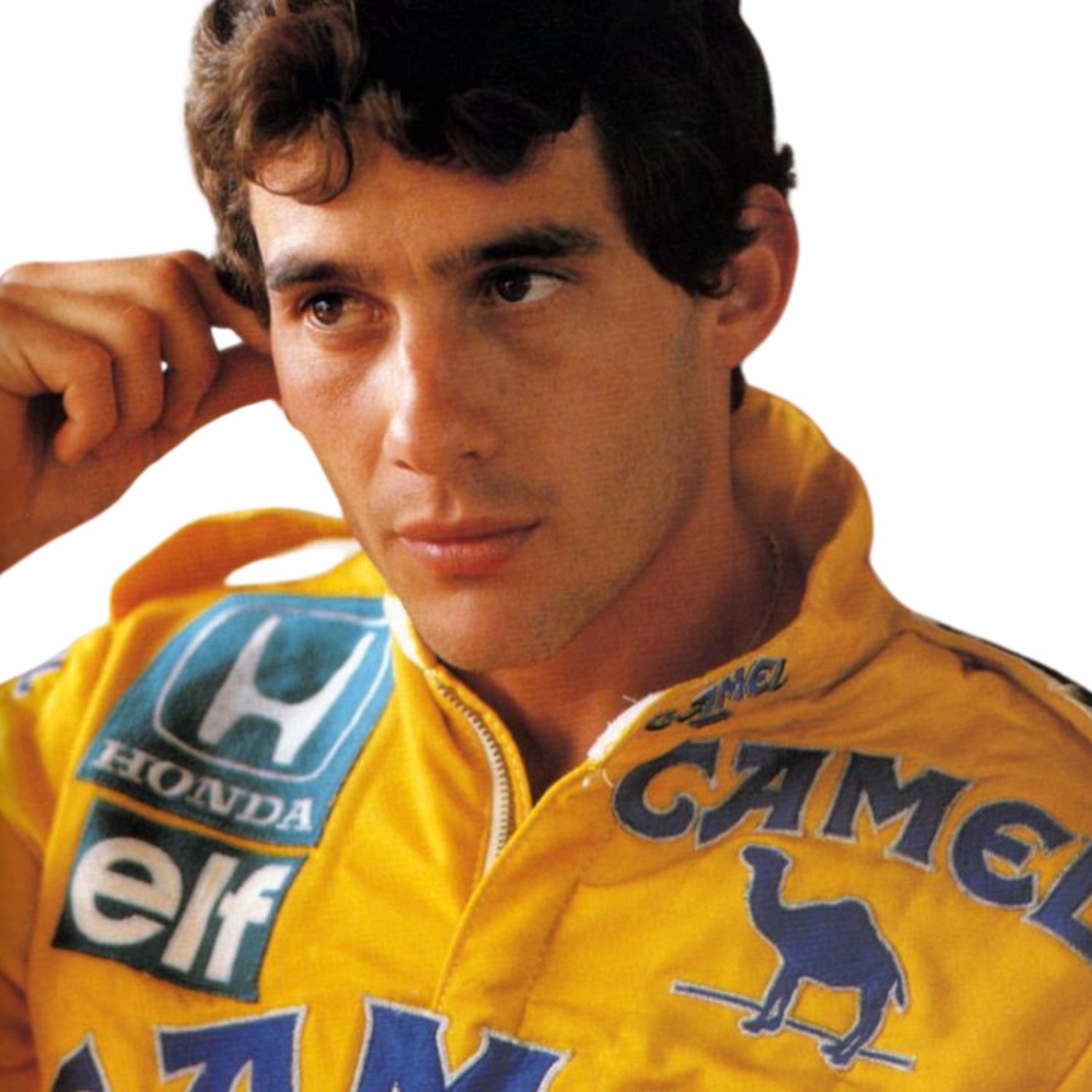 Close-up shot of the 1987 F1 racing suit worn by Ayrton Senna, highlighting premium stitching, fabric texture, and colorful sponsor logos-Bestracewear